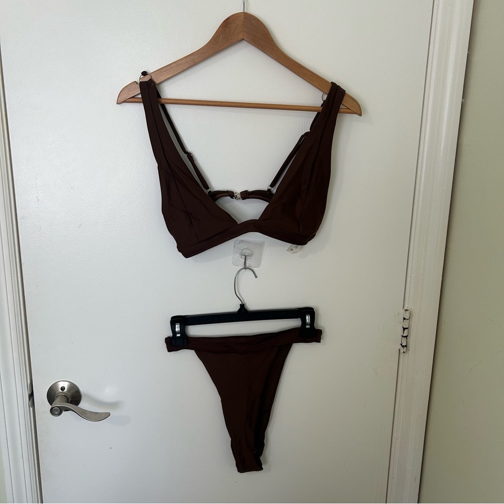 NWOT Matte Swim Chocolate Brown Bikini Set with Ring Detail Size Small